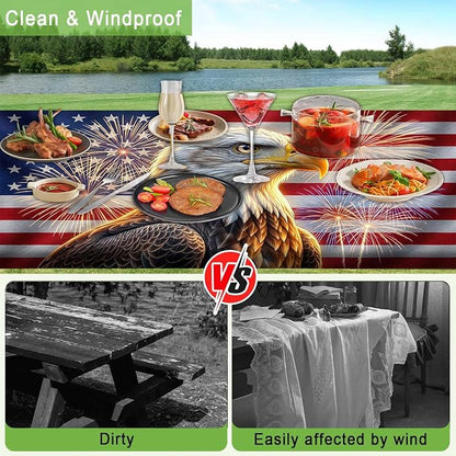 JAWO Bald Eagle American Flag Picnic Table Cover with Bench Covers, 4th of July Memorial Day Camper RV Essentials Gear Supplies Outdoor Waterproof Windproof Tablecloth with Elastic, 30X72in