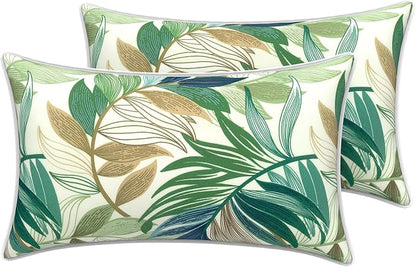 LVTXIII 2 Pack Outdoor Lumbar Pillow Covers 12x20 Inch with Piping, Water-Repellent Back Cushion Covers ONLY for Patio Furniture, Sofa, Garden Bench, Lush Leaf Green