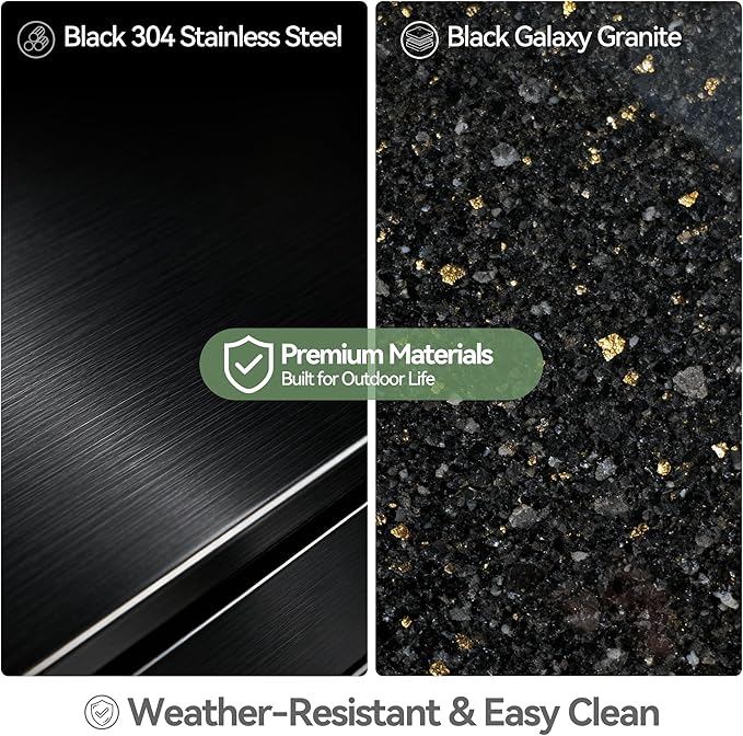Black Stainless Steel Outdoor Double Door Empty Cabinet, Black Galaxy Granite Countertop, Storage Module for Grill Island, Patio BBQ Station, No Shelves