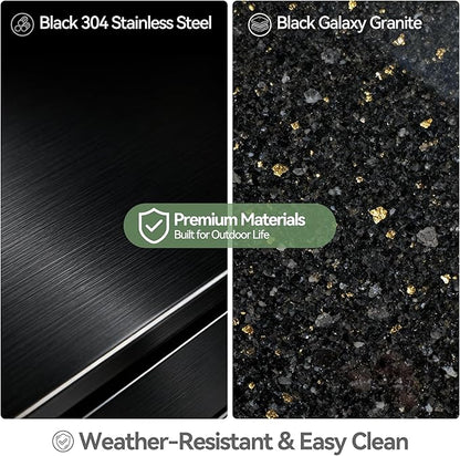 Black Stainless Steel Outdoor Kitchen Combo Cabinet Left Door Right Two Drawers, Black Galaxy Granite Countertop, for Grill Island, Patio BBQ Station