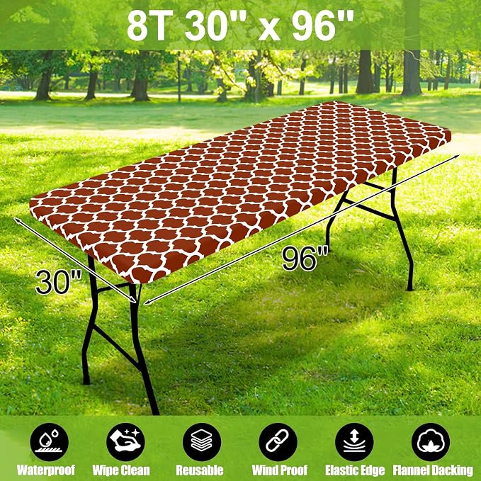 Smiry Picnic Fitted Table Cover, 8 Foot Flannel Backed Vinyl Tablecloth | Waterproof Elastic Stretch Table Cloth, Wipeable Plastic Tablecloth for Camping, Indoor & Outdoor (Rust, 30" x 96")