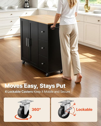 VEVOR Kitchen Island Cart with Storage, 42.4 in Wide Mobile Rolling Storage Island on Swivel Wheels, with 3 Drawers, Storage Cabinet, Drop Leaf, Towel Rack, Table for Home Dining Room, Black