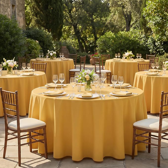 Fitable 6 Pack Gold Round Tablecloths - 120 Inches in Diameter | Wrinkle & Stain Resistant, Washable Polyester Fabric, For Wedding Party Banquet Formal Events Fall Thanksgiving Harvest