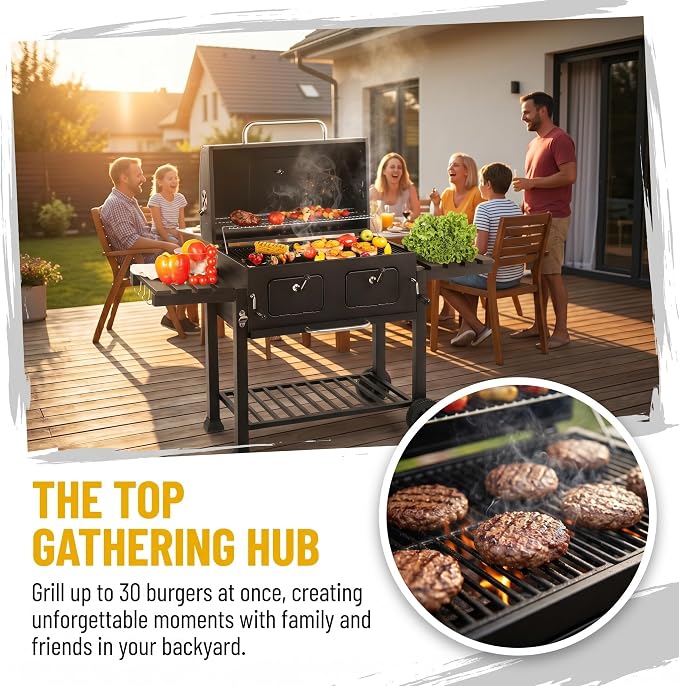 Extra Large Charcoal Grill, Outdoor BBQ Grill with Dual Adjustable Charcoal Doors, Foldable Side Tables for Backyard, Camping, and Picnic Cooking, Black