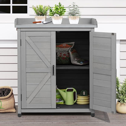 Outdoor Storage Cabinet & Potting Bench Table with Metal Top, Wooden Patio Furniture, Garden Workstation (Classic Grey, 39x31.5x17in)