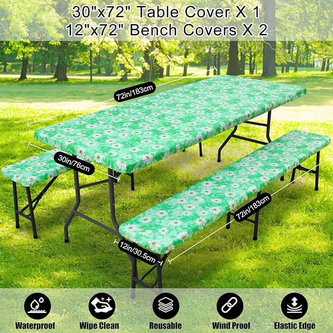 Smiry Picnic Table Cover with Bench Covers, Waterproof Elastic Fitted Tablecloth for 6 Foot Tables, Washable Polyester Tablecloths for Camping, Indoor & Outdoor (Green Daisy, 30x72 Inch 3-pc Set)
