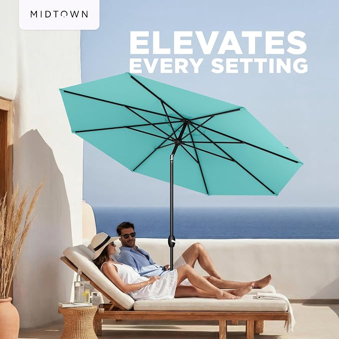 Midtown Umbrellas – The Lean 10 Ft Patio Umbrella with 10-Year-No-Fade Acrylast Acrylic Fabric, Auto-Tilt and 8 Reinforced Ribs for Deck, Pool, Garden, Hotel & Cafes – Azure Canopy, Black Pole