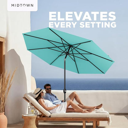 Midtown Umbrellas – The Lean 10 Ft Patio Umbrella with 10-Year-No-Fade Acrylast Acrylic Fabric, Auto-Tilt and 8 Reinforced Ribs for Deck, Pool, Garden, Hotel & Cafes – Azure Canopy, Black Pole