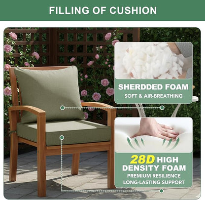 Summsun Water Resistant Outdoor Chair Cushions, Faux Linen Backrest and Seat Cushion Set with Ties, Removable Cover, Non-Slip Bottom for Patio Furniture, 19 x 19 Inch, Mocca Green