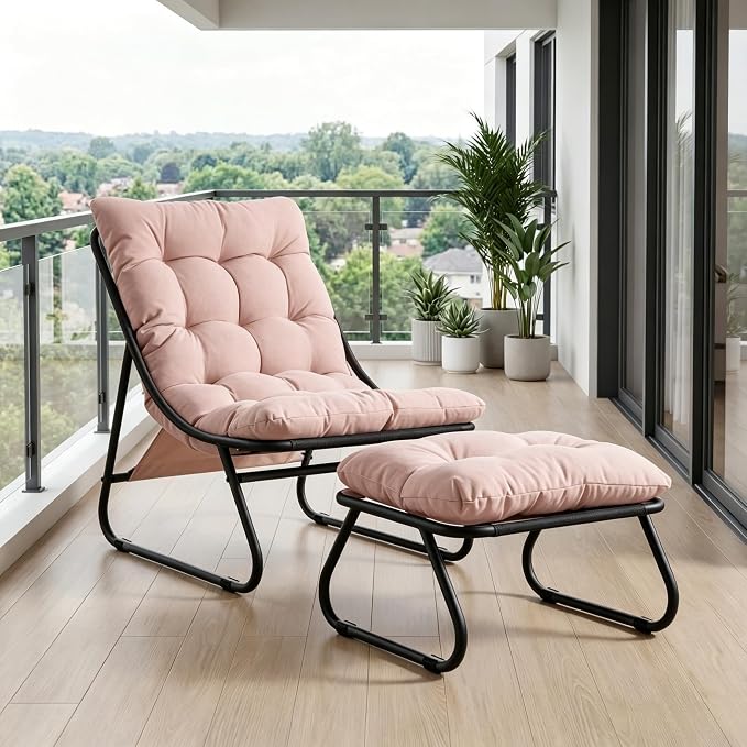 Rocking Chair with Ottoman, Modern Metal Frame Outdoor Rocker, Comfy Patio Lounge Chair with Footrest, Reading Glider Chairs for Living Room, Bedroom, Balcony, Garden, Relax, Pink
