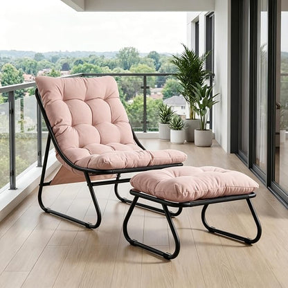 Rocking Chair with Ottoman, Modern Metal Frame Outdoor Rocker, Comfy Patio Lounge Chair with Footrest, Reading Glider Chairs for Living Room, Bedroom, Balcony, Garden, Relax, Pink