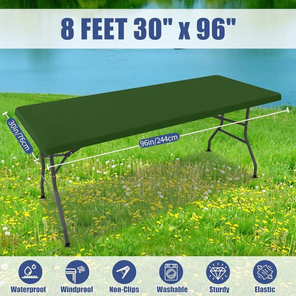 Moosfor 2 Pack Rectangle Spandex Fitted Table Cloth, 8FT Elastic Tablecloth | Washable Picnic Table Cover, Stretch Waterproof Table cloths for Party, Patio, Dining, Kitchen, 30" x 96", Olive Green