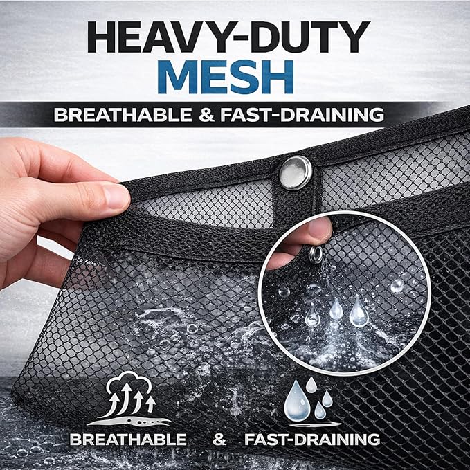 Marine Mesh Double Pocket Boat Gear Storage Bag, Polyester Boat Rope Storage Bag, Screw Snap Mount (Black, Large)
