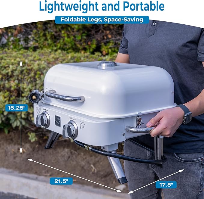 Kenmore Portable Propane Gas Grill - Tabletop BBQ Grill with Warming Rack, 2 Stainless Steel Burners with 14,000 BTUs, for Outdoor Kitchen, Camping, Pearl
