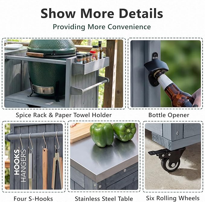 LUMISOL Outdoor Grill Cart with Stainless Steel Top, for Big Green Egg, Rolling Kitchen Island for 21"/28" Blackstone Griddle, 80.5" Solid Wood Kitchen Table with Drawer, Grey+Blue