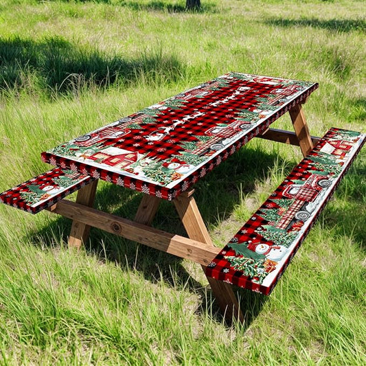 Christmas Picnic Table Cover with Bench Covers and Bag, Camping Essentials, Red Plaid Xmas Waterproof Windproof, Fitted Tablecloth Cover with Elastic Edge, for Indoor & Outdoor, 3 PCS, 30x72 Inch