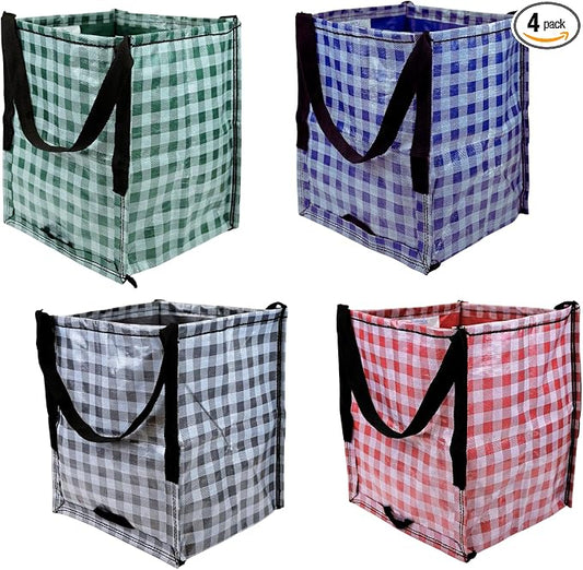 DURASACK Heavy Duty Storage Tote Bag 22-Gallon, Gingham Multi, Pack of 4 | Rugged Woven Polypropylene Moving Bag, Reusable Self-Standing Design, Holds up to 500 Pounds