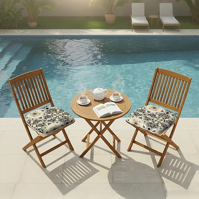 DYTXIII Set of 2 Outdoor Chair Cushions with Ties, Water Repellent Patio Chair Pads 17"x 16" for Outdoor Furniture, Round Corner Seat Cushions for Garden Yard Kitchen Vintage Medallion