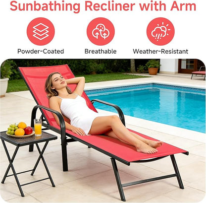DUMOS Outdoor Lounge Chaise Set of 2 for Poolside Patio, 5-Position Chaise with Armrest, Sun Tanning Chair 350 lbs Heavy Duty Patio Pool Chair, Waterproof Lounge for Deck,Backyard, Beach, Red