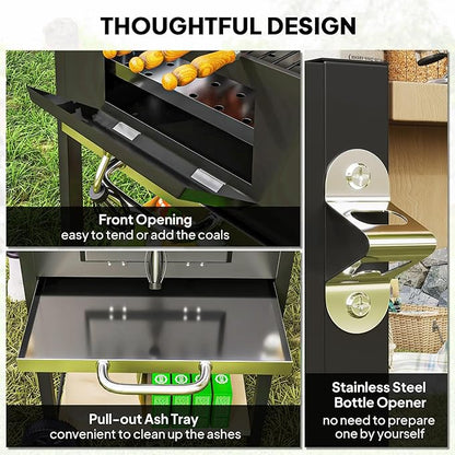 Charcoal BBQ Grill, Outdoor Grill with Thermometer & Storage Shelves