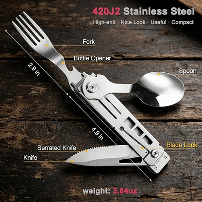 5 in 1 Detachable Camping Utensils Flatware Set, Multifunction Travel Pocket Cutlery Folding Spoon Fork Knife Grill Barbecue BBQ Tongs Bottle Opener, Portable Combo Set 420J2 Stainless Steel