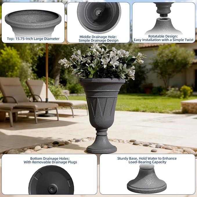 24"Tall Urn Planters for Outdoor Plants, Urns and Pedestal Set of 2 | Resin HDPE Weather-Resistant Material, Vintage Trophy Design Outdoor Planters with Drainage Holes, Flower Pot/Vase/Porch Door