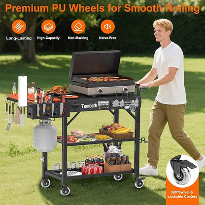 TomCare Grill Table with 3-Tier Storage Shelves Lockable Wheels Grill Cart with Silicone Grill Mat Heavy Duty Outdoor Tabletop Griddle Stand Holds 500Lbs Fits 22” Blackstone Ninja Cuisinart BBQ Grill