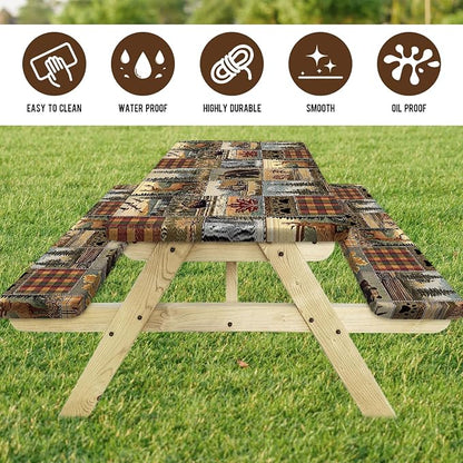 Picnic Table Cover with Bench Covers 6FT 3PCS, Camping Essentials, Fitted Camping Tablecloth Waterproof with Elastic Edge for Indoor Outdoor Patio, 96in, Brown