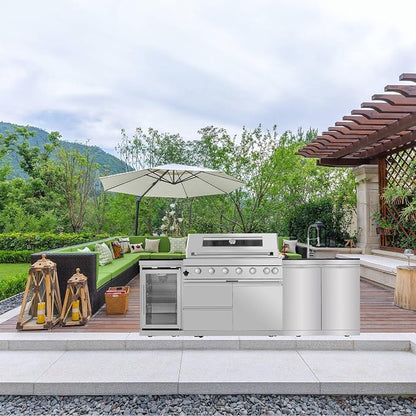6 Burner Outdoor Kitchen Island with Grill, 85000 BTU Deluxe Stainless Steel Modular Outdoor Kitchen, Gas Propane BBQ Island with Refrigerator, 2 Doors Sink, Rotisserie, Storage Cabinet, Silver