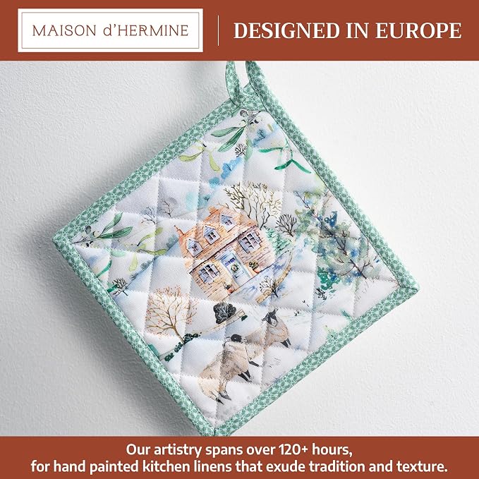 Maison d' Hermine Pot Holders 100% Cotton Potholders (8" x 8", Pack of 1) | Heat Resistant Hot Pads with Loop BBQ Cooking Baking Hotel Kitchen Handling Hot Pans Thanksgiving Christmas - Snowy World