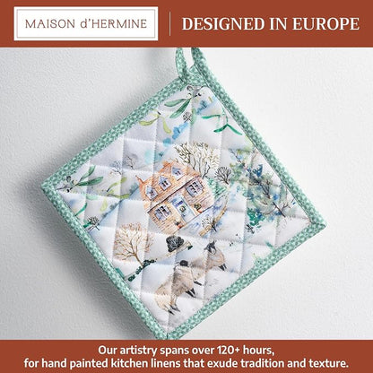 Maison d' Hermine Pot Holders 100% Cotton Potholders (8" x 8", Pack of 1) | Heat Resistant Hot Pads with Loop BBQ Cooking Baking Hotel Kitchen Handling Hot Pans Thanksgiving Christmas - Snowy World