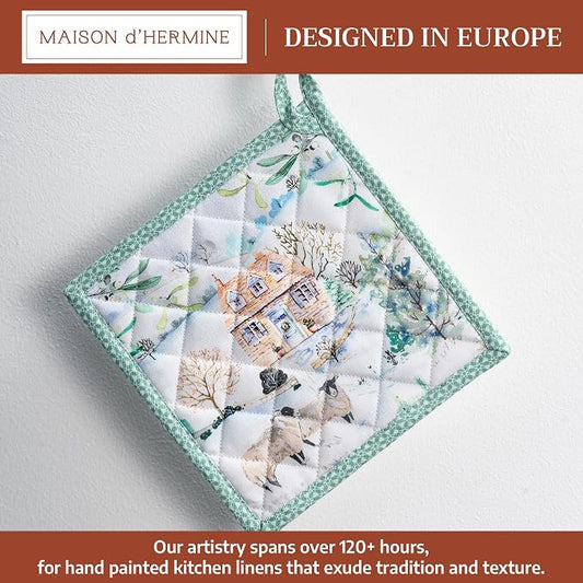 Maison d' Hermine Pot Holders 100% Cotton Potholders (8" x 8", Pack of 1) | Heat Resistant Hot Pads with Loop BBQ Cooking Baking Hotel Kitchen Handling Hot Pans Thanksgiving Christmas - Snowy World