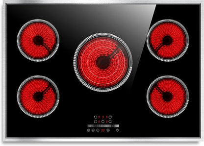 30 Inch Electric Cooktop, 5 Burner Electric Stove Top 6900W, 30" Built-In Ceramic Countertop with Metal Frame, Child Lock, Timer, Slide Control, 220-240V Hardwired (No Plug)