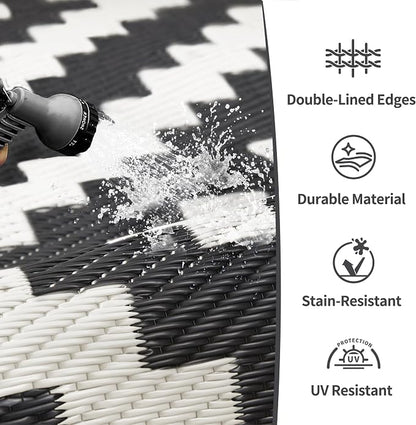 GENIMO Outdoor Rugs 8x10 Waterproof, Reversible Mats, Area Plastic Straw Rug, Outside Carpet, Geometric Rv Mat for Patio Camping Picnic Backyard Deck Balcony Porch Beach Trailer (Black & White) | Outside Larger Modern Carpet Mat for Porch Decor, Deck, ...