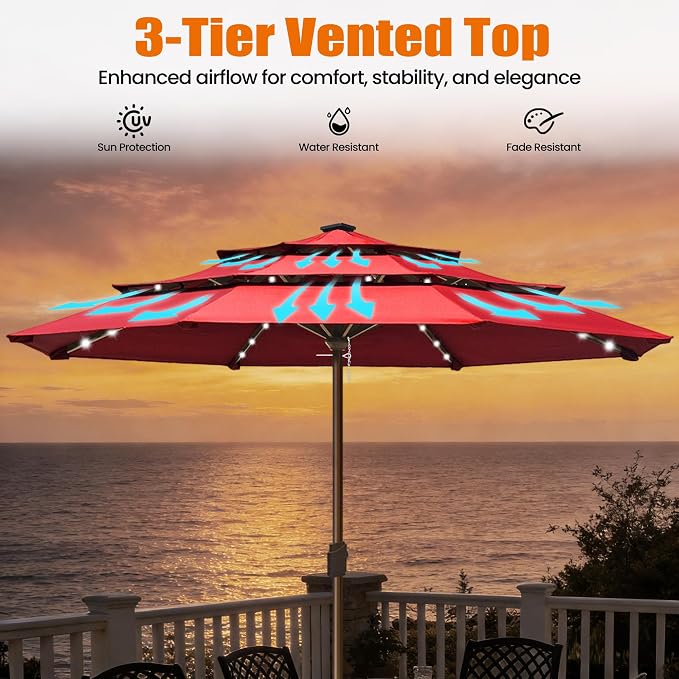 EliteShade USA 10-Year-Non-Fading 10ft 3-Tier Market Patio Umbrella, Commercial Table Umbrella with 80 Solar LED Lights, Crank Open, Windproof & UPF 50+ UV Protection for Garden, Deck, Pool, Backyard, No Tilt, Logo Red