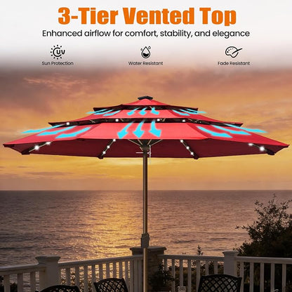 EliteShade USA 10-Year-Non-Fading 10ft 3-Tier Market Patio Umbrella, Commercial Table Umbrella with 80 Solar LED Lights, Crank Open, Windproof & UPF 50+ UV Protection for Garden, Deck, Pool, Backyard, No Tilt, Logo Red