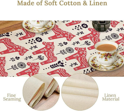 Ethnic Table Runner, Folk Inspired Swedish Dala Horse with Floral Ornaments Folklore Art Decor for Garden Farmhouse Wedding Party Holiday Dinner Home 13x120 Inch
