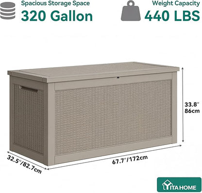 YITAHOME XXL 320 Gal Large Deck Box, Outdoor Resin Storage Box, Rattan Storage Container for Patio Furniture, Garden Tools, Waterproof, Lockable (Brown)