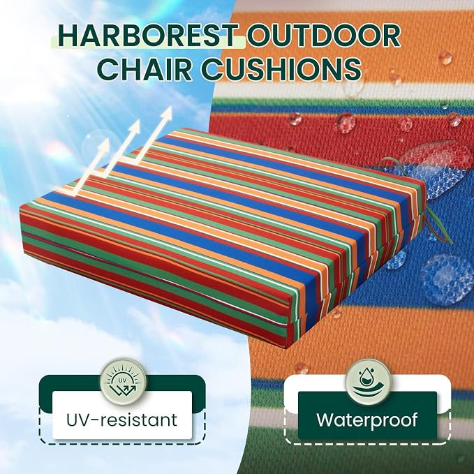 HARBOREST Outdoor Chair Cushions Set of 4, Water Resistant Patio Chair Cushions with Ties, Square Corner Outdoor Seat Cushions for Patio Furniture, 18.5"x16"x3", Rainbow Stripes