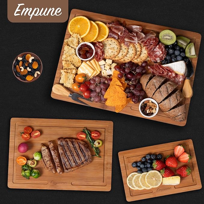 Empune Bamboo Cutting Boards for Kitchen, 3 Piece Extra Thick Cutting Board Set with Juice Groove, Deep Carbonized Bamboo Chopping Board, Reversible Wood Cutting Board for charcuterie boards, Brown