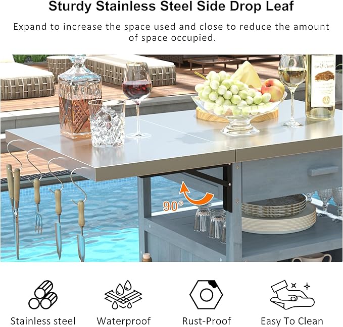 40.5" Outdoor Grill Cart with Stainless Steel Top, Solid Wood Storage Cabinet with Drop Leaf, One Drawer, Towel Rack, Rolling Kitchen Cart with Lockable Wheels for Lawn Garden