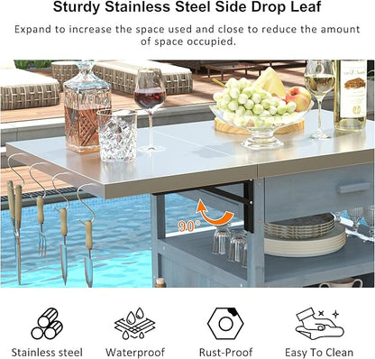 40.5" Outdoor Grill Cart with Stainless Steel Top, Solid Wood Storage Cabinet with Drop Leaf, One Drawer, Towel Rack, Rolling Kitchen Cart with Lockable Wheels for Lawn Garden