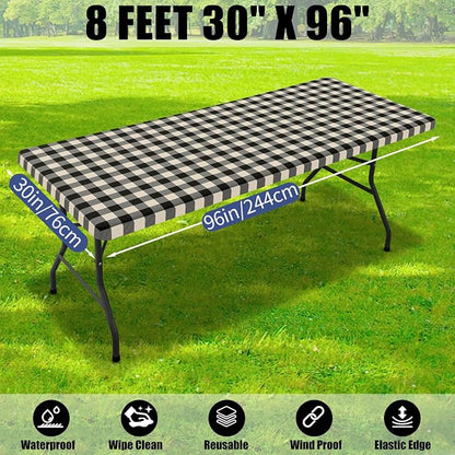 Smiry Picnic Table Cloth 2 Pack, Waterproof Elastic Fitted Tablecloths for 6FT Rectangle Tables, Washable Polyester Buffalo Plaid Tablecloth for Camping, Dining & Outdoor (Black & Beige, 30" x 96")