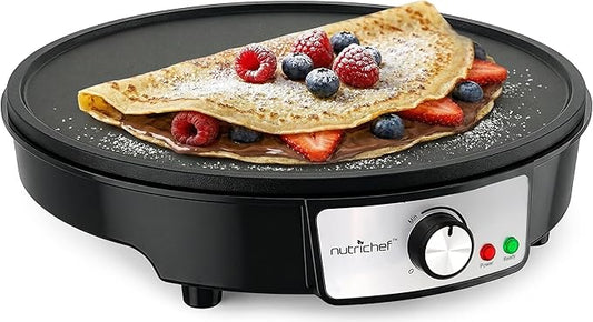Nutrichef Electric Crepe Maker & Griddle Cooktop - Nonstick 12 Inch Aluminum Hot Plate with LED Indicator Lights & Adjustable Temperature Control - Wooden Spatula & Batter Spreader Included