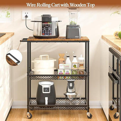 3 Tier Rolling Utility Kitchen Cart on Wheels, Heavy Duty Wire Rolling Cart with Wooden Top, Commercial Metal Serving Cart with Handle, Kitchen Island Food Storage Trolley for Laundry, Office, Garage