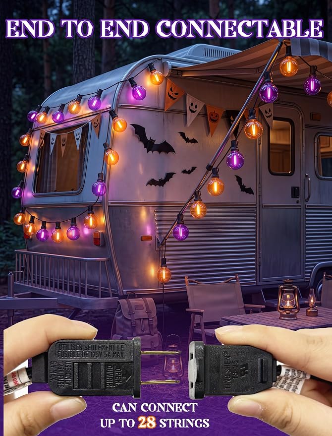 LED Outdoor Halloween Lights, 50FT 25 G40 Orange Purple Globe String Lights | Plug in Patio Lights, IP65 Waterproof, Hanging Outdoor Halloween Decorations Lights for Outdoor Porch Backyard Garden Party