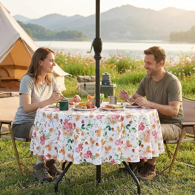 SquarePie 60 inch Round Outdoor Tablecloth with Umbrella Hole - Waterproof SpillProof Patio Zippered Table Cover for Spring Summer Garden Camping Poolside Picnic, Rose Floral