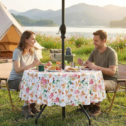 SquarePie 60 inch Round Outdoor Tablecloth with Umbrella Hole - Waterproof SpillProof Patio Zippered Table Cover for Spring Summer Garden Camping Poolside Picnic, Rose Floral