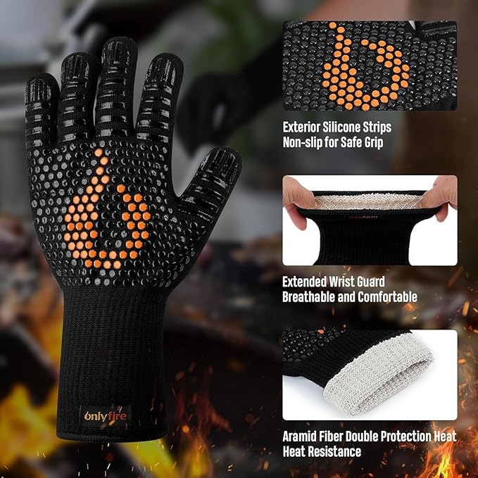onlyfire 1472°F Heat Resistant BBQ Grill Gloves 4 Reusable Nylon Liners + 100 Disposable Nitrile Gloves Anti-Slip Oven Gloves for Hot Food, Handling Meat Shredding, Grill Cleaning