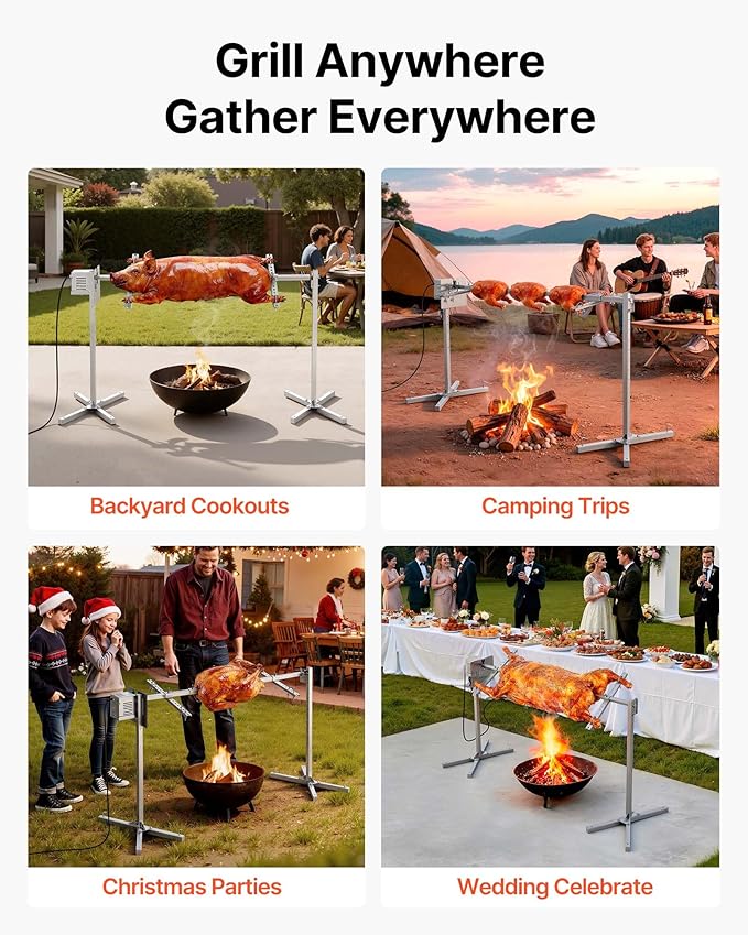 VEVOR Rotisserie Grill, 8 Level Height Stainless Steel Electric Rotisserie Grill Kit, 88 lbs Load Capacity BBQ Grills Rotisseries Kit with 38W Motor, Automatic Grilling Kits for Parties